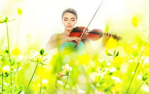 Woman playing violin in field